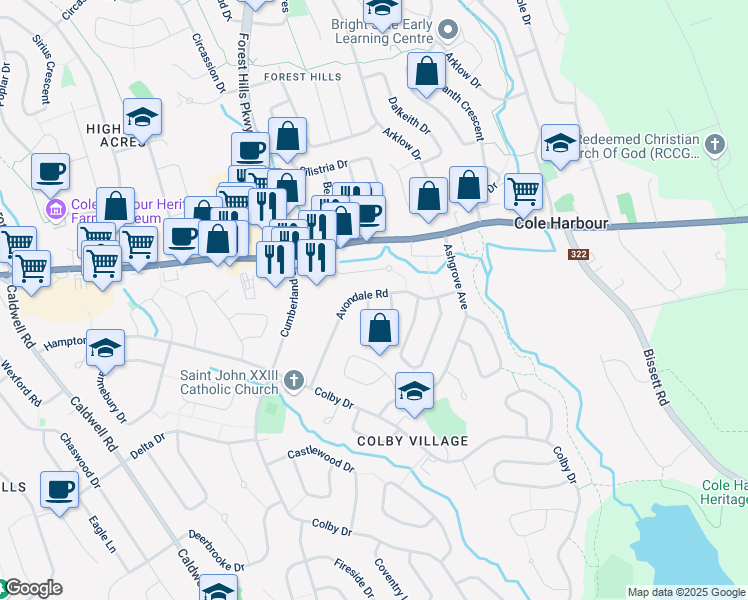 map of restaurants, bars, coffee shops, grocery stores, and more near 11 Agincourt Crescent in Dartmouth