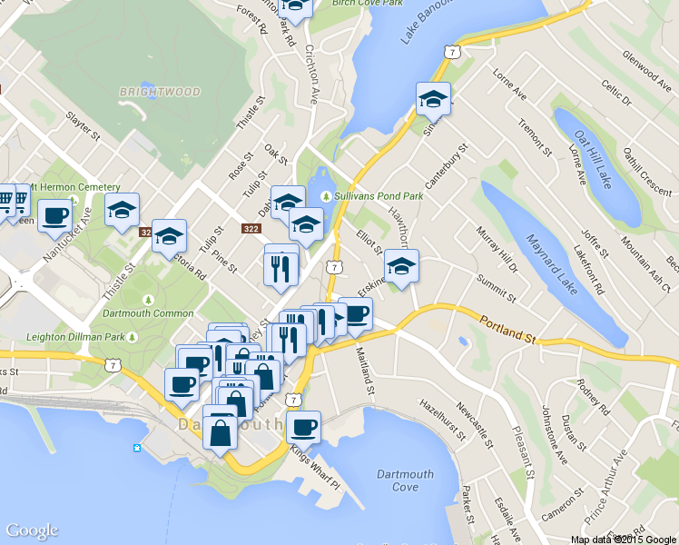 map of restaurants, bars, coffee shops, grocery stores, and more near in Dartmouth