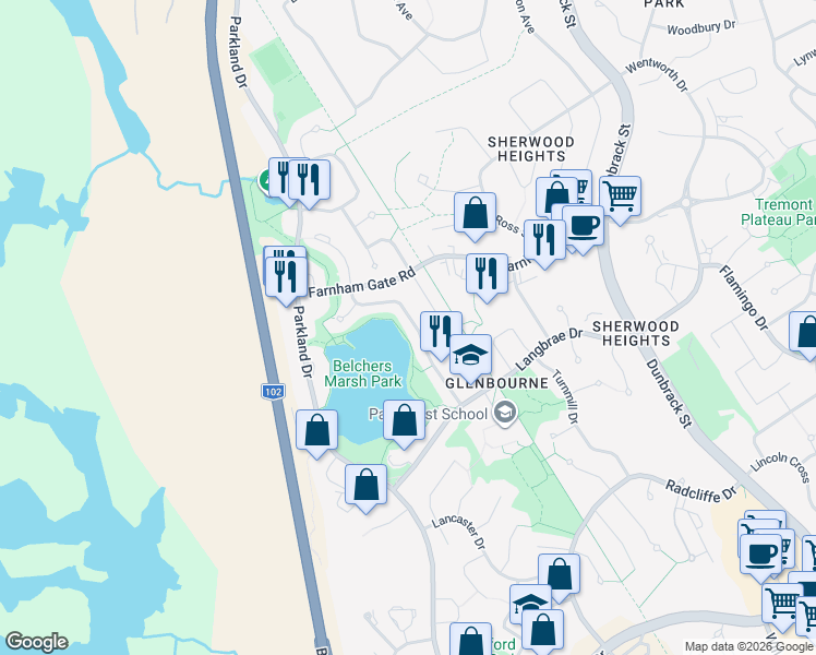 map of restaurants, bars, coffee shops, grocery stores, and more near 83 Red Fern Terrace in Halifax