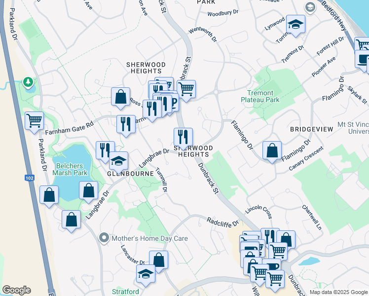 map of restaurants, bars, coffee shops, grocery stores, and more near 7 Langbrae Drive in Halifax