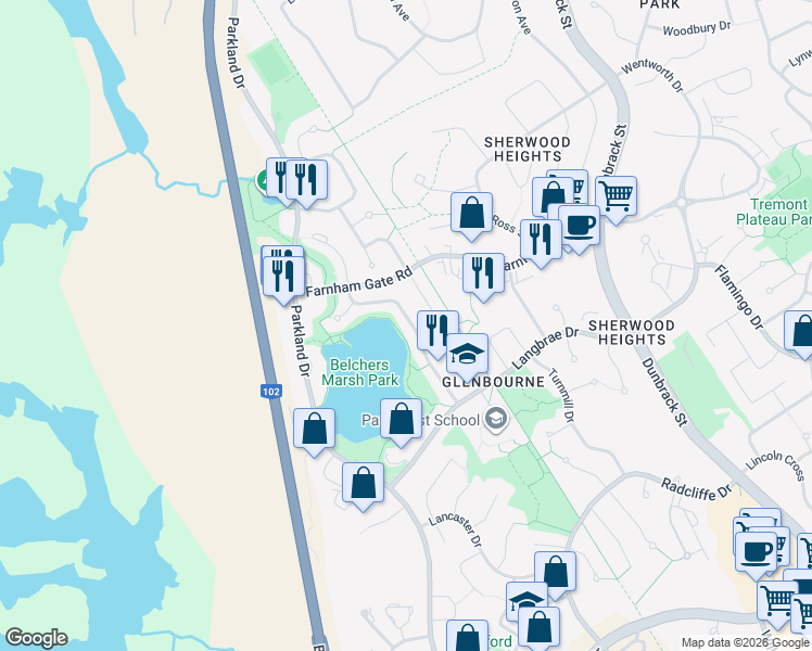 map of restaurants, bars, coffee shops, grocery stores, and more near 83 Red Fern Terrace in Halifax