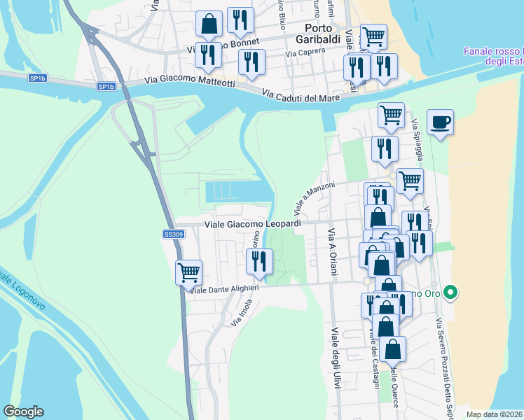 map of restaurants, bars, coffee shops, grocery stores, and more near 16 Via Ippocampo in Lido degli Estensi