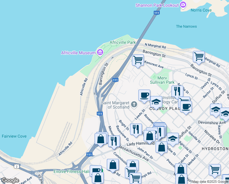 map of restaurants, bars, coffee shops, grocery stores, and more near 5929 Gainsborough Place in Halifax
