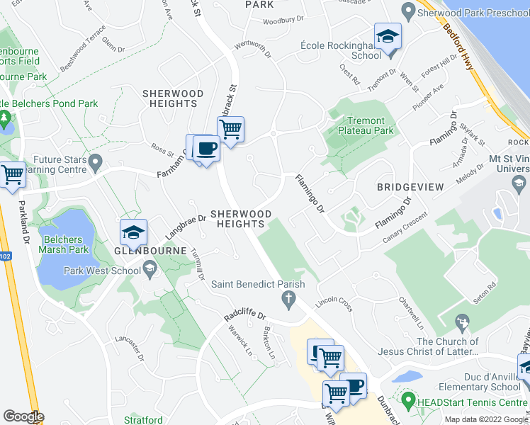 map of restaurants, bars, coffee shops, grocery stores, and more near 45 Knightsridge Drive in Halifax