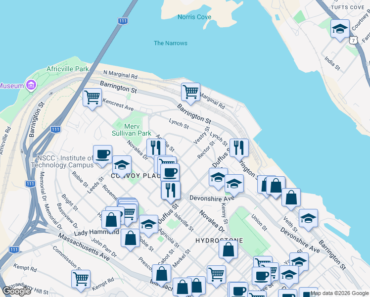 map of restaurants, bars, coffee shops, grocery stores, and more near 5367 Vestry Street in Halifax