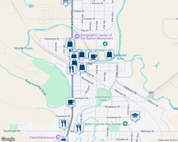 map of restaurants, bars, coffee shops, grocery stores, and more near 704 Harding Street in Belle Fourche