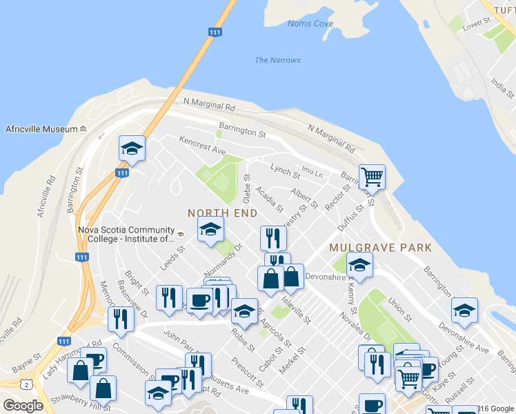 map of restaurants, bars, coffee shops, grocery stores, and more near in Halifax