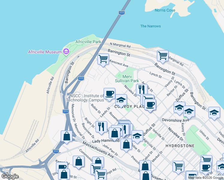 map of restaurants, bars, coffee shops, grocery stores, and more near 5561 Heatherwood Court in Halifax