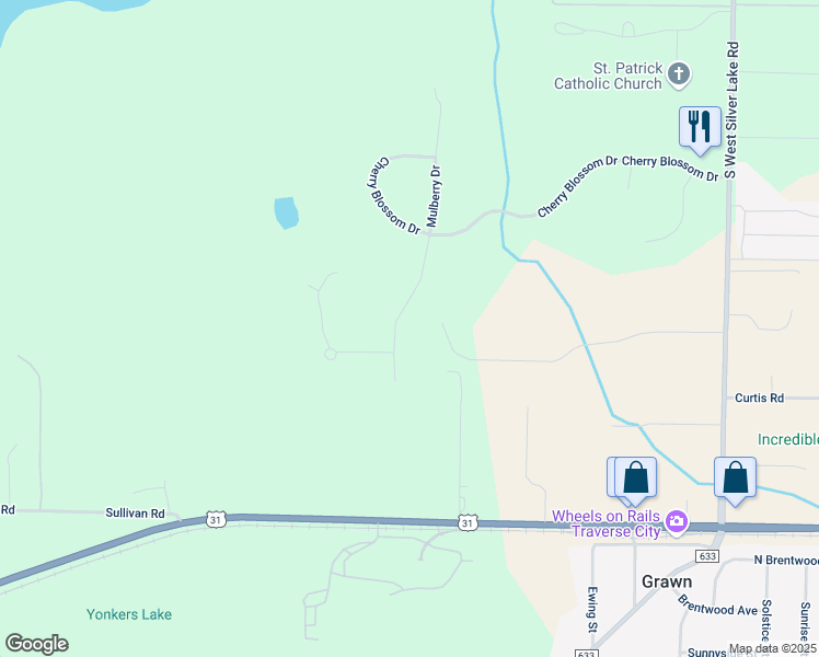 map of restaurants, bars, coffee shops, grocery stores, and more near Mulberry Drive in Traverse City