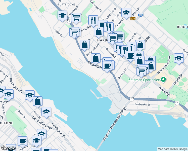 map of restaurants, bars, coffee shops, grocery stores, and more near 3 Dillman Place in Dartmouth