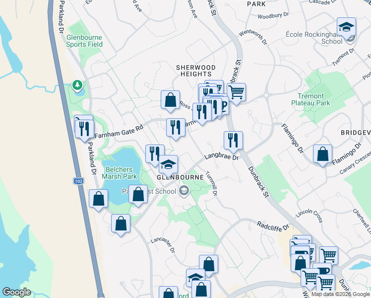 map of restaurants, bars, coffee shops, grocery stores, and more near 65 Roxbury Crescent in Halifax