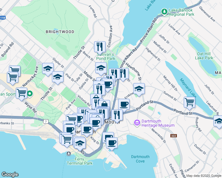 map of restaurants, bars, coffee shops, grocery stores, and more near 156 Ochterloney Street in Dartmouth