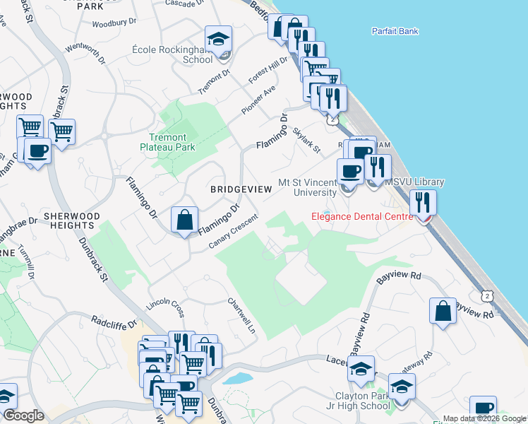 map of restaurants, bars, coffee shops, grocery stores, and more near 12 Canary Crescent in Halifax