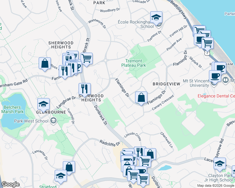 map of restaurants, bars, coffee shops, grocery stores, and more near 58 Kingfisher Crescent in Halifax