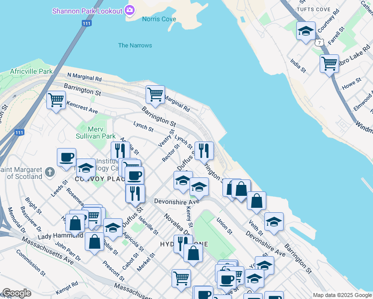 map of restaurants, bars, coffee shops, grocery stores, and more near 3530 Lynch Street in Halifax