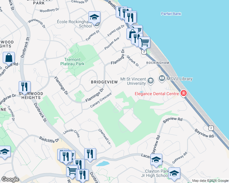 map of restaurants, bars, coffee shops, grocery stores, and more near 12 Canary Crescent in Halifax