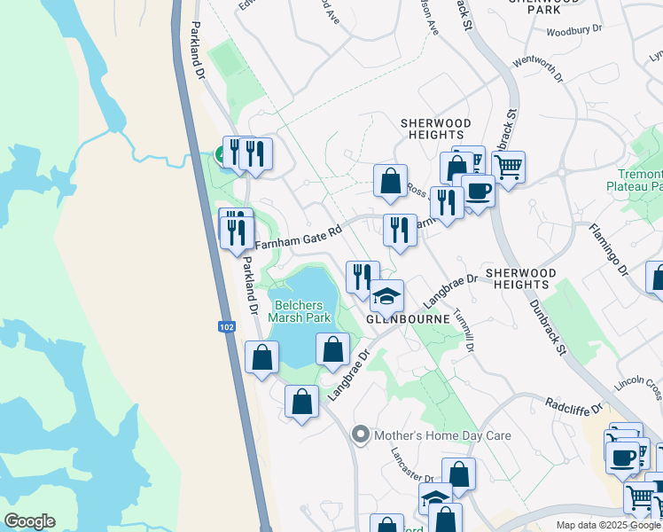 map of restaurants, bars, coffee shops, grocery stores, and more near 73 Red Fern Terrace in Halifax