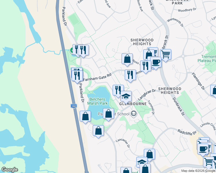 map of restaurants, bars, coffee shops, grocery stores, and more near 73 Red Fern Terrace in Halifax