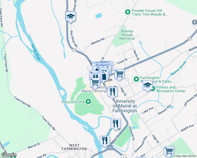 map of restaurants, bars, coffee shops, grocery stores, and more near 155 Front Street in Farmington