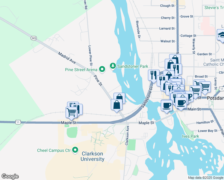 map of restaurants, bars, coffee shops, grocery stores, and more near 26-28 Pine St in Potsdam