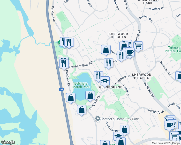 map of restaurants, bars, coffee shops, grocery stores, and more near 73 Red Fern Terrace in Halifax