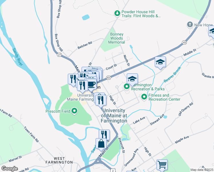 map of restaurants, bars, coffee shops, grocery stores, and more near 145 High Street in Farmington