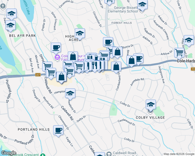 map of restaurants, bars, coffee shops, grocery stores, and more near 57 Hallmark Crescent in Dartmouth