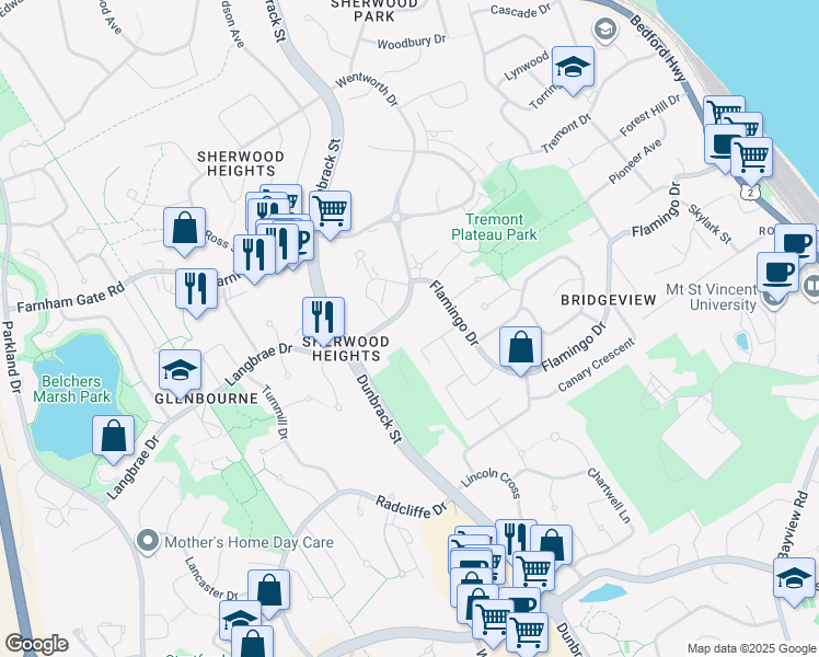 map of restaurants, bars, coffee shops, grocery stores, and more near 75 Knightsridge Drive in Halifax