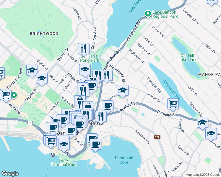 map of restaurants, bars, coffee shops, grocery stores, and more near 30 Thompson Street in Dartmouth