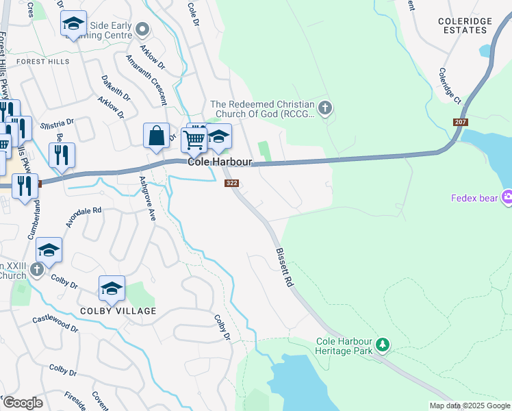 map of restaurants, bars, coffee shops, grocery stores, and more near 77 Nova Scotia 322 in Cole Harbour