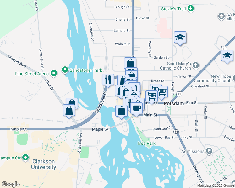 map of restaurants, bars, coffee shops, grocery stores, and more near 3 Pleasant Street in Potsdam