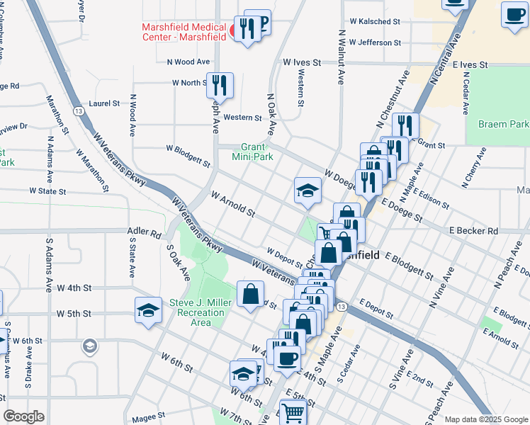 map of restaurants, bars, coffee shops, grocery stores, and more near 400 West Arnold Street in Marshfield