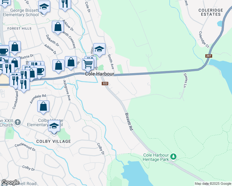 map of restaurants, bars, coffee shops, grocery stores, and more near 52 Bissett Road in Cole Harbour