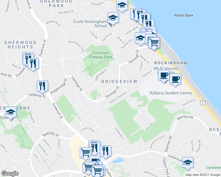 map of restaurants, bars, coffee shops, grocery stores, and more near 64 Nightingale Drive in Halifax