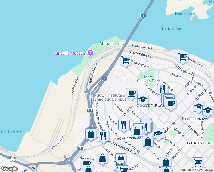 map of restaurants, bars, coffee shops, grocery stores, and more near 5877 Gainsborough Place in Halifax