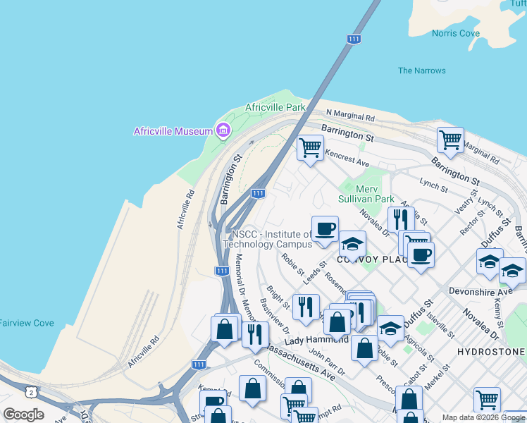 map of restaurants, bars, coffee shops, grocery stores, and more near 5877 Gainsborough Place in Halifax