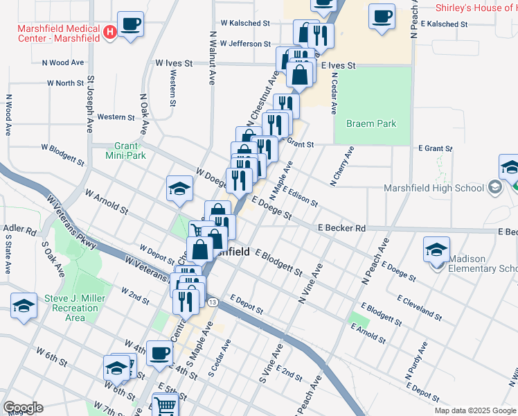 map of restaurants, bars, coffee shops, grocery stores, and more near 505 North Central Avenue in Marshfield
