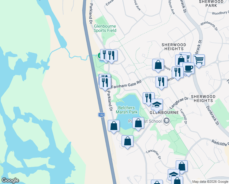 map of restaurants, bars, coffee shops, grocery stores, and more near 459 Parkland Drive in Halifax