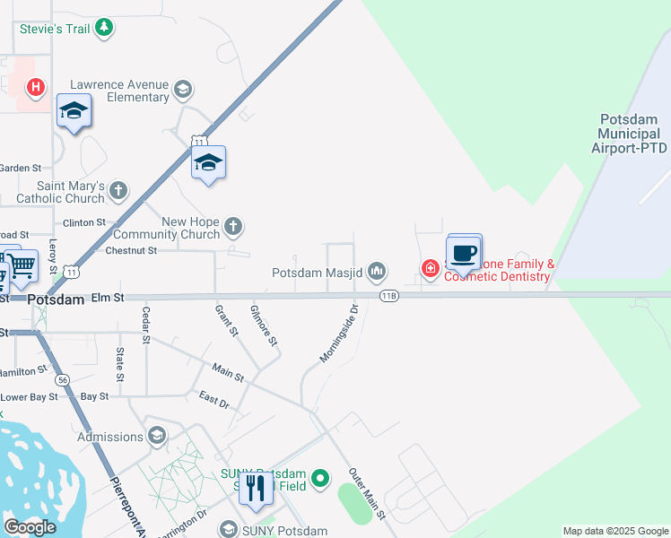 map of restaurants, bars, coffee shops, grocery stores, and more near 9 Wellings Drive in Potsdam