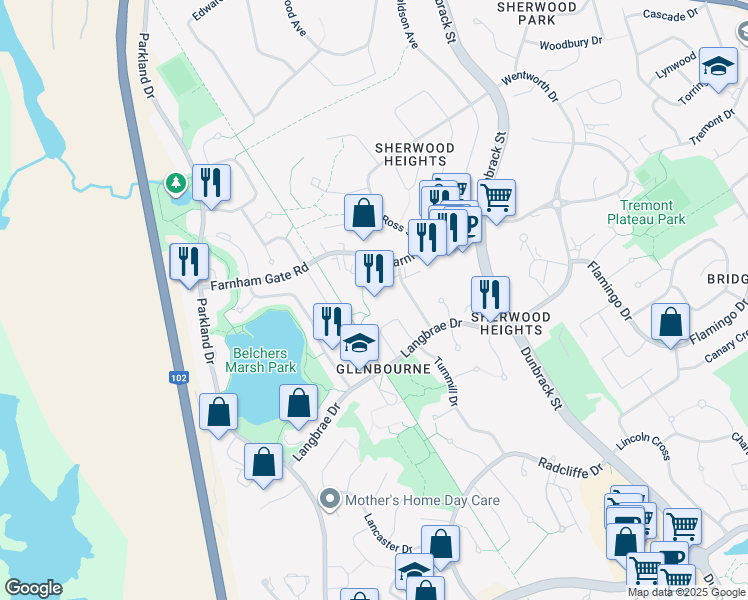 map of restaurants, bars, coffee shops, grocery stores, and more near 36 Montgomery Court in Halifax