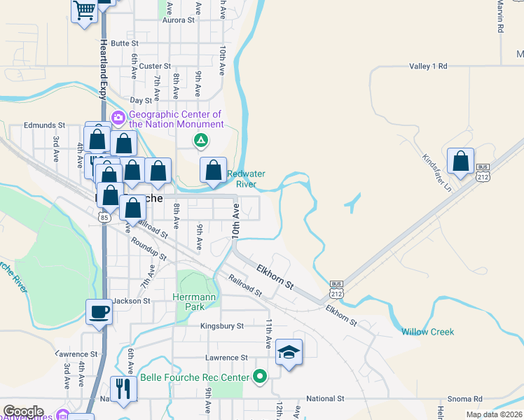 map of restaurants, bars, coffee shops, grocery stores, and more near 1005 State Street in Belle Fourche