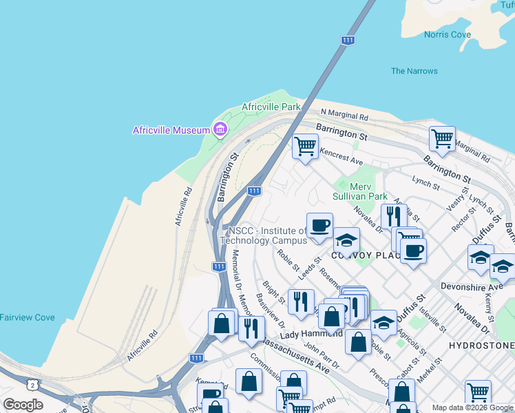 map of restaurants, bars, coffee shops, grocery stores, and more near 5881 Gainsborough Place in Halifax