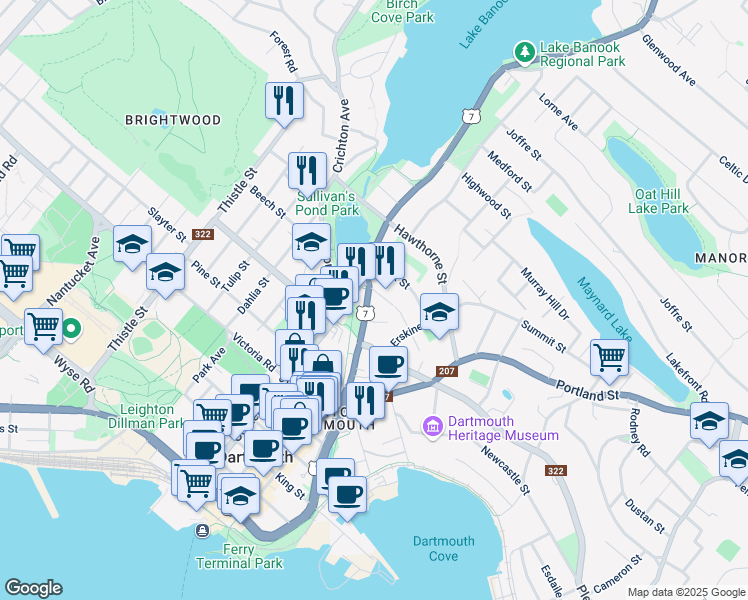 map of restaurants, bars, coffee shops, grocery stores, and more near 97 Prince Albert Road in Dartmouth