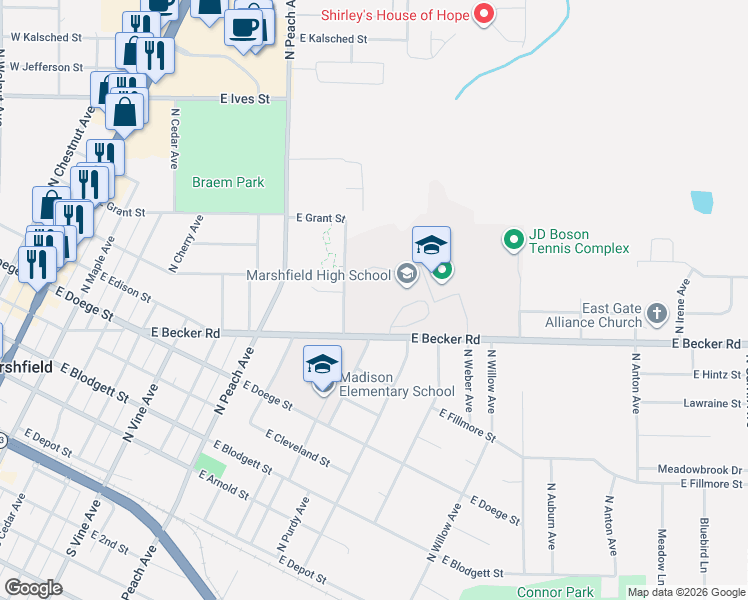 map of restaurants, bars, coffee shops, grocery stores, and more near Palmetto Avenue in Marshfield