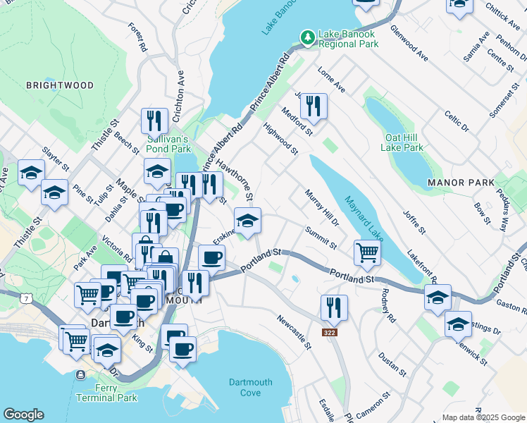 map of restaurants, bars, coffee shops, grocery stores, and more near 9 Dunolly Street in Dartmouth