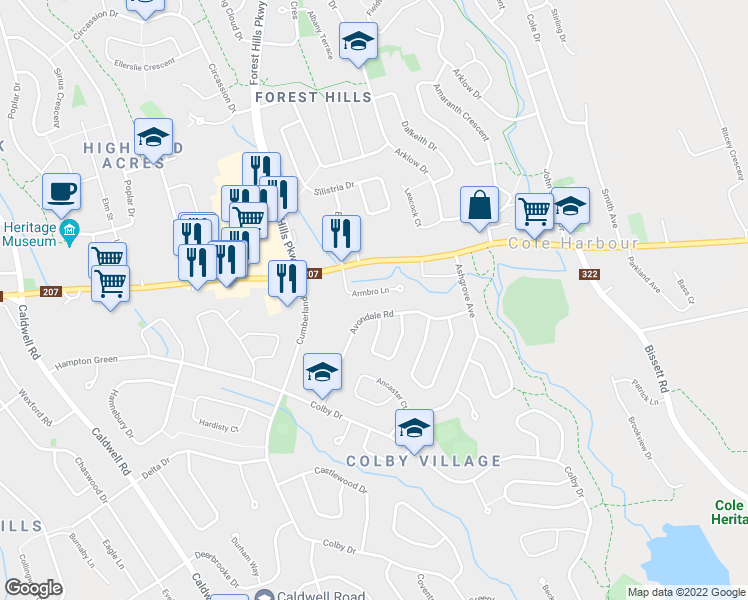 map of restaurants, bars, coffee shops, grocery stores, and more near 37 Armbro Lane in Dartmouth