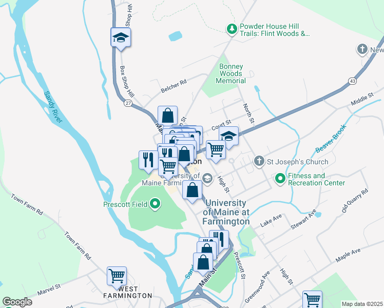 map of restaurants, bars, coffee shops, grocery stores, and more near 113 Church Street in Farmington