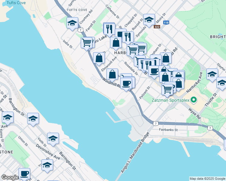 map of restaurants, bars, coffee shops, grocery stores, and more near 7 Jamieson Street in Dartmouth