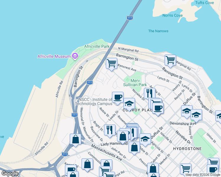 map of restaurants, bars, coffee shops, grocery stores, and more near 5561 Heatherwood Court in Halifax