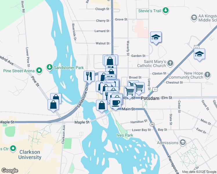 map of restaurants, bars, coffee shops, grocery stores, and more near 11 Willow Street in Potsdam